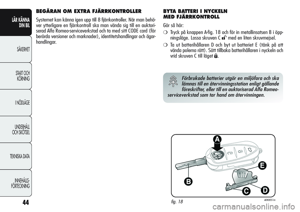 Alfa Romeo Giulietta 2012 Drift- och underhållshandbok (in Swedish) 44
LÄR KÄNNA
DIN BIL
SÄKERHET
START OCH
KÖRNING
I NÖDLÄGE
UNDERHÅLL
OCH SKÖTSEL
TEKNISKA DATA
INNEHÅLLS-
FÖRTECKNING
BEGÄRAN OM EXTRA FJÄRRKONTROLLER
Systemet kan känna igen upp till 8 Alfa Romeo Giulietta 2012 Drift- och underhållshandbok (in Swedish) 44
LÄR KÄNNA
DIN BIL
SÄKERHET
START OCH
KÖRNING
I NÖDLÄGE
UNDERHÅLL
OCH SKÖTSEL
TEKNISKA DATA
INNEHÅLLS-
FÖRTECKNING
BEGÄRAN OM EXTRA FJÄRRKONTROLLER
Systemet kan känna igen upp till 8