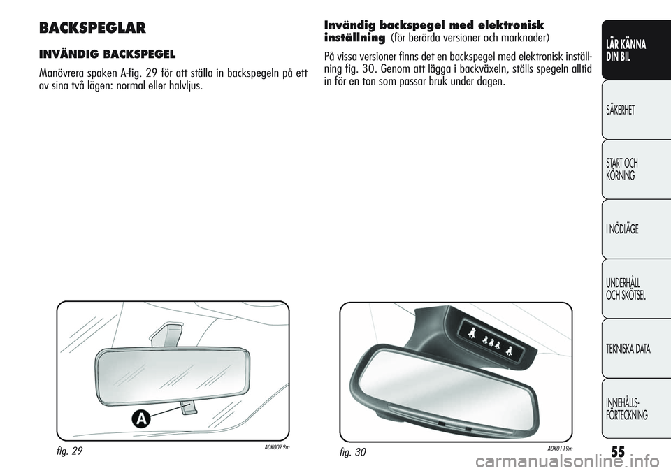 Alfa Romeo Giulietta 2012 Drift- och underhållshandbok (in Swedish) 55
LÄR KÄNNA
DIN BIL
SÄKERHET
START OCH
KÖRNING
I NÖDLÄGE
UNDERHÅLL
OCH SKÖTSEL
TEKNISKA DATA
INNEHÅLLS-
FÖRTECKNING
fig. 29A0K0079m
BACKSPEGLAR
INVÄNDIG BACKSPEGEL
Manövrera spaken A-fi Alfa Romeo Giulietta 2012 Drift- och underhållshandbok (in Swedish) 55
LÄR KÄNNA
DIN BIL
SÄKERHET
START OCH
KÖRNING
I NÖDLÄGE
UNDERHÅLL
OCH SKÖTSEL
TEKNISKA DATA
INNEHÅLLS-
FÖRTECKNING
fig. 29A0K0079m
BACKSPEGLAR
INVÄNDIG BACKSPEGEL
Manövrera spaken A-fi
