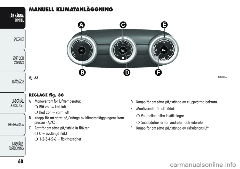 Alfa Romeo Giulietta 2012  Drift- och underhållshandbok (in Swedish) 60
LÄR KÄNNA 
DIN BIL
SÄKERHET
START OCH 
KÖRNING
I NÖDLÄGE
UNDERHÅLL
OCH SKÖTSEL
TEKNISKA DATA
INNEHÅLLS-
FÖRTECKNING
MANUELL KLIMATANLÄGGNING
REGLAGE fig. 38
A  Manöverratt för lufttemp