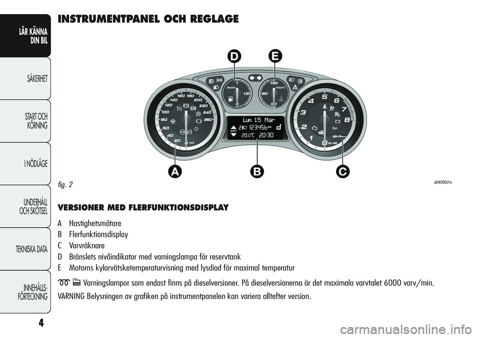 Alfa Romeo Giulietta 2012  Drift- och underhållshandbok (in Swedish) 4
LÄR KÄNNA 
DIN BIL
SÄKERHET
START OCH 
KÖRNING
I NÖDLÄGE
UNDERHÅLL
OCH SKÖTSEL
TEKNISKA DATA
INNEHÅLLS-
FÖRTECKNING
INSTRUMENTPANEL OCH REGLAGE
VERSIONER MED FLERFUNKTIONSDISPLAY
A Hastigh