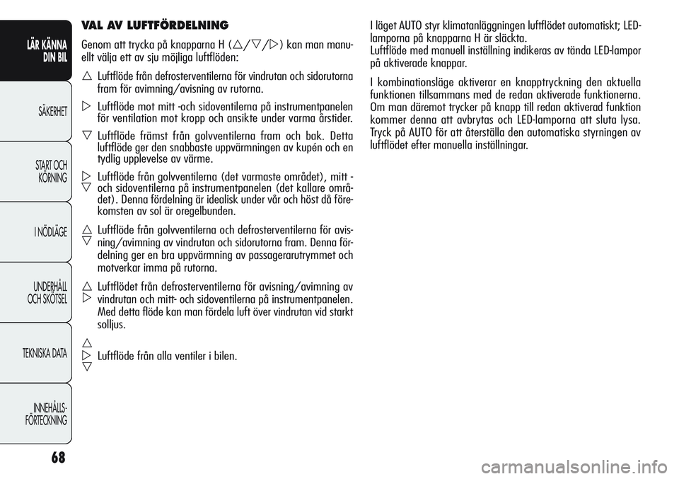 Alfa Romeo Giulietta 2012 Drift- och underhållshandbok (in Swedish) 68
LÄR KÄNNA
DIN BIL
SÄKERHET
START OCH
KÖRNING
I NÖDLÄGE
UNDERHÅLL
OCH SKÖTSEL
TEKNISKA DATA
INNEHÅLLS-
FÖRTECKNING
I läget AUTO styr klimatanläggningen luftflödet automatiskt; LED-
la Alfa Romeo Giulietta 2012 Drift- och underhållshandbok (in Swedish) 68
LÄR KÄNNA
DIN BIL
SÄKERHET
START OCH
KÖRNING
I NÖDLÄGE
UNDERHÅLL
OCH SKÖTSEL
TEKNISKA DATA
INNEHÅLLS-
FÖRTECKNING
I läget AUTO styr klimatanläggningen luftflödet automatiskt; LED-
la