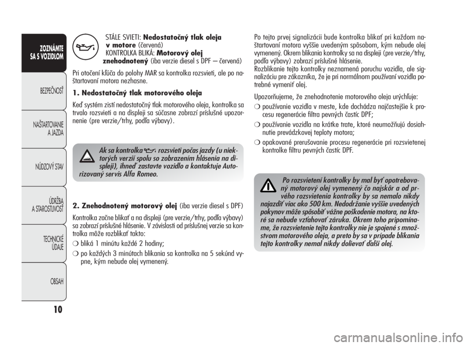 Alfa Romeo Giulietta 2010  Návod na použitie a údržbu (in Slovakian) 10
ZOZNÁMTE
SA S VOZIDLOM
BEZPEâNOSË
NA·TARTOVANIE
A JAZDA
NÚDZOV¯ STAV
ÚDRÎBA
A STAROSTLIVOSË
TECHNICKÉ
ÚDAJE
OBSAH
STÁLE SVIETI:Nedostatočný tlak oleja
v motore(červená)
KONTROLKA BL