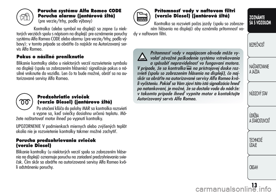 Alfa Romeo Giulietta 2012  Návod na použitie a údržbu (in Slovakian) 13
CONOSCENZA
DELLA
VETTURA
SICUREZZA
AVVIAMENTO
E GUIDA
IN EMERGENZA
MANUTENZIONE
E CURA
DATI TECNICI
INDICE
ZOZNÁMTE
SA S VOZIDLOM
BEZPEâNOSË
NA·TARTOVANIE 
A JAZDA
NÚDZOV¯ STAV
ÚDRÎBA 
A ST