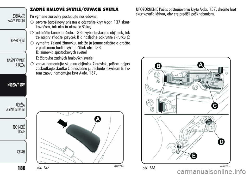 Alfa Romeo Giulietta 2011 Návod na použitie a údržbu (in Slovakian) 180
ZOZNÁMTE
SA S VOZIDLOM
BEZPEČNOSŤ
NAŠTARTOVANIE
A JAZDA
NÚDZOVÝ STAV
ÚDRŽBA
A STAROSTLIVOSŤ
TECHNICKÉ
ÚDAJE
OBSAH
ZADNÉ HMLOVÉ SVETLÉ/CÚVACIE SVETLÁ
Pri výmene žiarovky post Alfa Romeo Giulietta 2011 Návod na použitie a údržbu (in Slovakian) 180
ZOZNÁMTE
SA S VOZIDLOM
BEZPEČNOSŤ
NAŠTARTOVANIE
A JAZDA
NÚDZOVÝ STAV
ÚDRŽBA
A STAROSTLIVOSŤ
TECHNICKÉ
ÚDAJE
OBSAH
ZADNÉ HMLOVÉ SVETLÉ/CÚVACIE SVETLÁ
Pri výmene žiarovky post