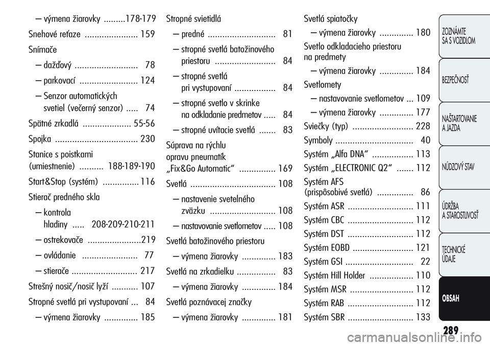 Alfa Romeo Giulietta 2012  Návod na použitie a údržbu (in Slovakian) 289
ZOZNÁMTE 
SA S VOZIDLOM
BEZPEâNOSË
NA·TARTOVANIE 
A JAZDA
NÚDZOV¯ STAV
ÚDRÎBA 
A STAROSTLIVOSË
TECHNICKÉ 
ÚDAJE
OBSAH
– výmena žiarovky  .........178-179
Snehové reťaze  .........