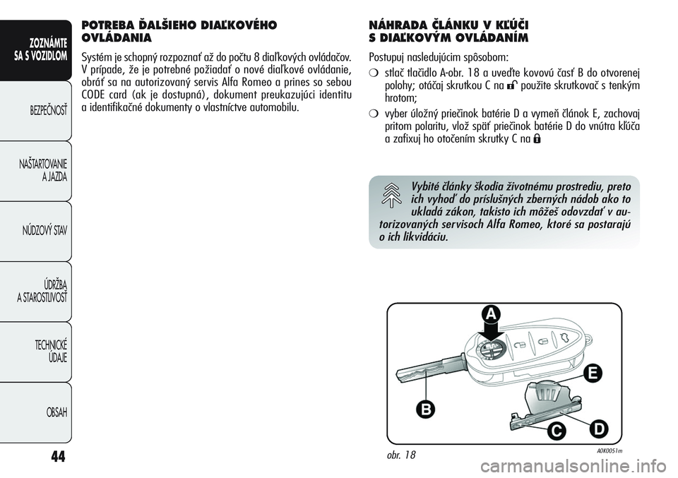 Alfa Romeo Giulietta 2012  Návod na použitie a údržbu (in Slovakian) 44
ZOZNÁMTE
SA S VOZIDLOM
BEZPEâNOSË
NA·TARTOVANIE 
A JAZDA
NÚDZOV¯ STAV
ÚDRÎBA 
A STAROSTLIVOSË
TECHNICKÉ 
ÚDAJE
OBSAH
POTREBA ëAL·IEHO DIAªKOVÉHO
OVLÁDANIA 
Systém je schopný rozpo