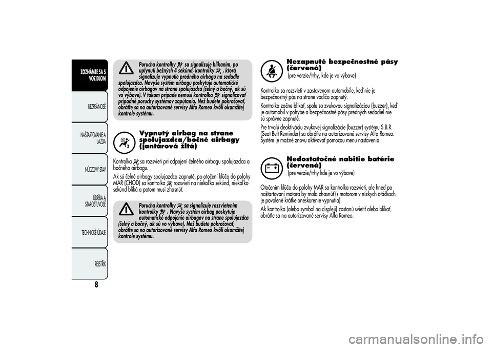 Alfa Romeo Giulietta 2013  Návod na použitie a údržbu (in Slovakian) Porucha kontrolky
sa signalizuje blikaním, po
uplynutí bežných 4 sekúnd, kontrolky
, ktorá
signalizuje vypnutie predného airbagu na sedadle
spolujazdca. Navyše systém airbagu poskytuje automa