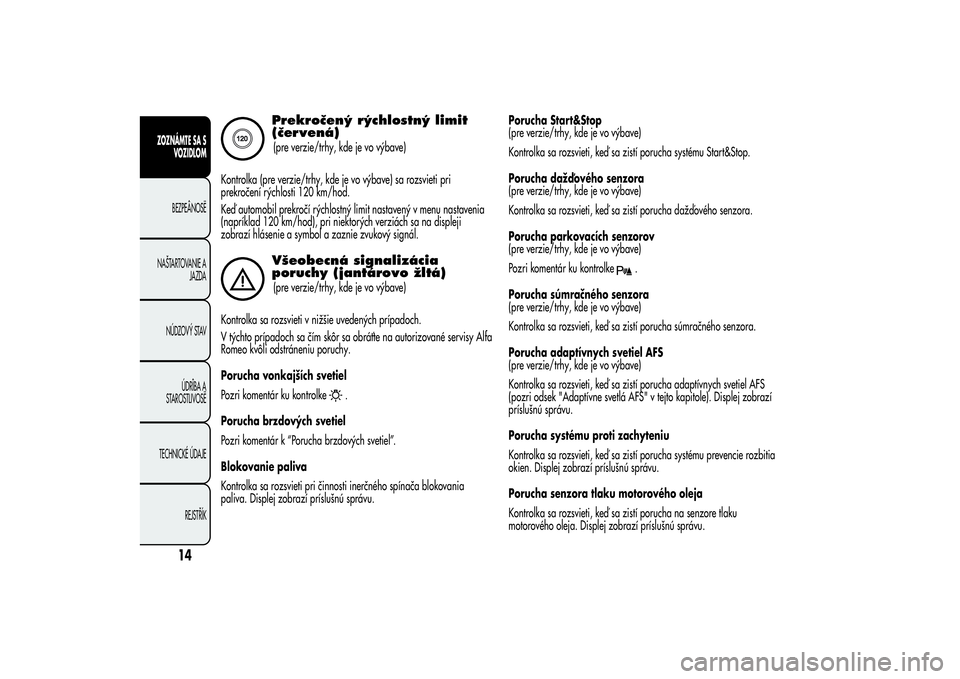 Alfa Romeo Giulietta 2013  Návod na použitie a údržbu (in Slovakian) Prekročený rýchlostný limit
(červená)(pre verzie/trhy, kde je vo výbave)
Kontrolka (pre verzie/trhy, kde je vo výbave) sa rozsvieti pri
prekročení rýchlosti 120 km/hod.
Keď automobil prekr