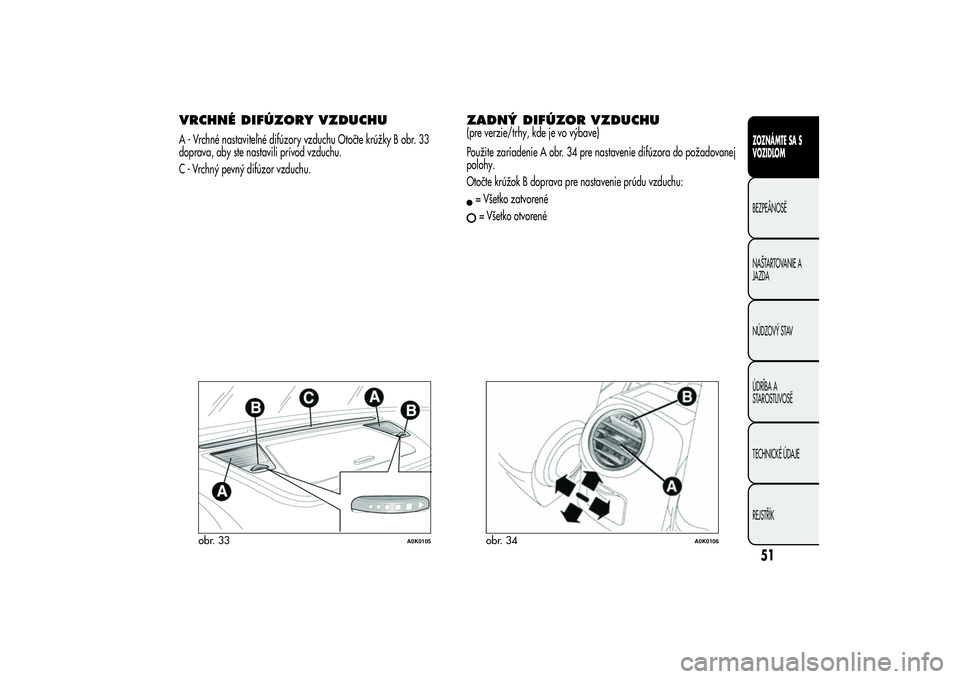 Alfa Romeo Giulietta 2013  Návod na použitie a údržbu (in Slovakian) VRCHNÉ DIFÚZORY VZDUCHUA - Vrchné nastaviteľné difúzory vzduchu Otočte krúžky B obr. 33
doprava, aby ste nastavili prívod vzduchu.
C - Vrchný pevný difúzor vzduchu.
ZADNÝ DIFÚZOR VZDUCH