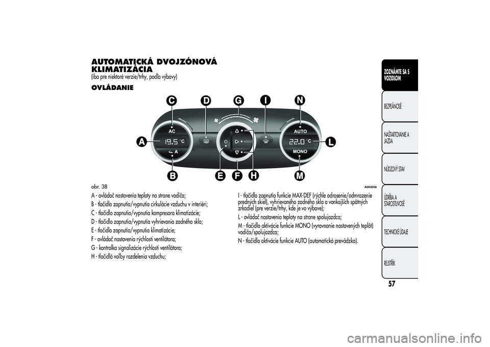 Alfa Romeo Giulietta 2013  Návod na použitie a údržbu (in Slovakian) AUTOMATICKÁ DVOJZÓNOVÁ
KLIMATIZÁCIA(iba pre niektoré verzie/trhy, podľa výbavy)OVLÁDANIEA - ovládač nastavenia teploty na strane vodiča;
B - tlačidlo zapnutia/vypnutia cirkulácie vzduchu 