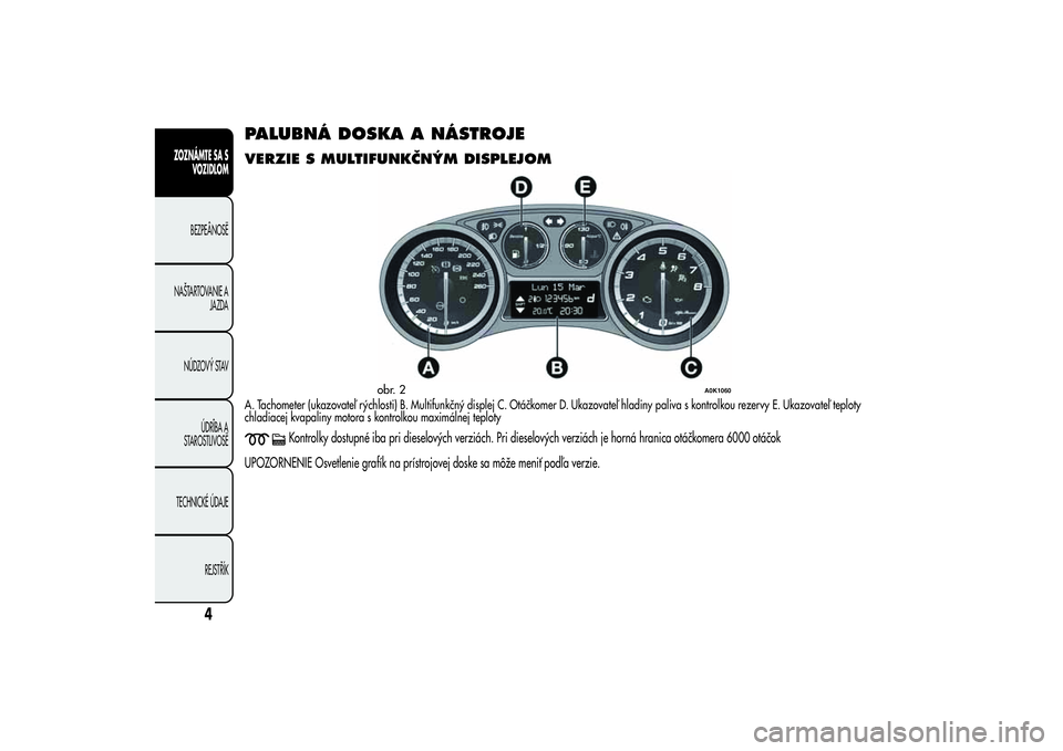 Alfa Romeo Giulietta 2013  Návod na použitie a údržbu (in Slovakian) PALUBNÁ DOSKA A NÁSTROJEVERZIE S MULTIFUNKČNÝM DISPLEJOMA. Tachometer (ukazovateľ rýchlosti) B. Multifunkčný displej C. Otáčkomer D. Ukazovateľ hladiny paliva s kontrolkou rezervy E. Ukazov