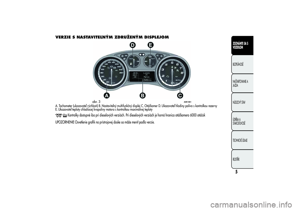 Alfa Romeo Giulietta 2013  Návod na použitie a údržbu (in Slovakian) VERZIE S NASTAVITEĽNÝM ZDRUŽENÝM DISPLEJOMA. Tachometer (ukazovateľ rýchlosti) B. Nastaviteľný multifunkčný displej C. Otáčkomer D. Ukazovateľ hladiny paliva s kontrolkou rezervy
E. Ukazo