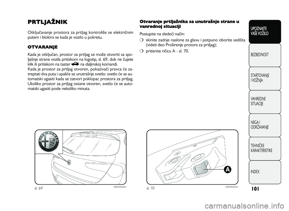Alfa Romeo Giulietta 2013  Knjižica za upotrebu i održavanje (in Serbian) 10 1
UPOZNAJTE
VAXE VOZILO
BEZ BED N O ST
ST A RT O VA N JE
I  V O YN JA
V A N RED N E 
SIT U AC IJE
N EG A I
O DRY AVA N JE
T EH N I] KE
KA RA KTER IS T IK E
IN DEX
PRTLJAONIK
O tk lju _a va n je  p 