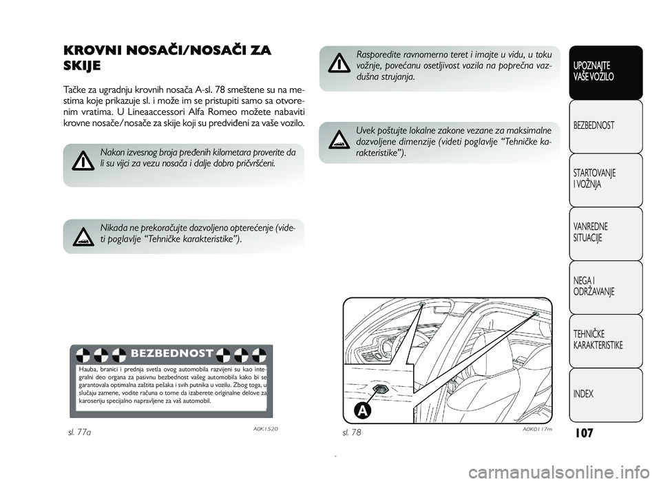 Alfa Romeo Giulietta 2013  Knjižica za upotrebu i održavanje (in Serbian) 10 7
UPOZNAJTE
VAXE VOZILO
BEZ BED N O ST
ST A RT O VA N JE
I  V O YN JA
V A N RED N E 
SIT U AC IJE
N EG A I
O DRY AVA N JE
T EH N I] KE
KA RA KTER IS T IK E
IN DEX
KROVNI NOSASI/NOSASI ZA
SKIJE
Ta_k