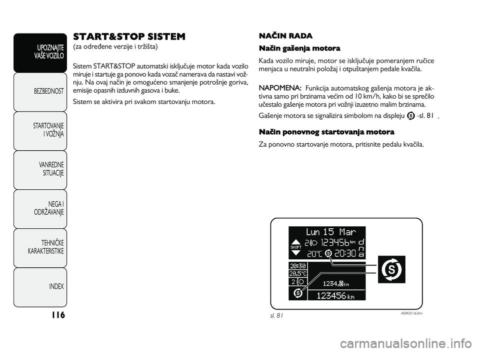 Alfa Romeo Giulietta 2013  Knjižica za upotrebu i održavanje (in Serbian) 116
UPOZNAJTE
VAXE VOZILO
BEZ BED N O ST
ST A RT O VA N JE
I   V O YN JA
V A N RED N E 
SIT U AC IJE
N EG A I
O DRY AVA N JE
T EH N I] KE
KA RA KTER IS T IK E
IN DEX
NASIN RADA 
NaVin gaPenja motora
K