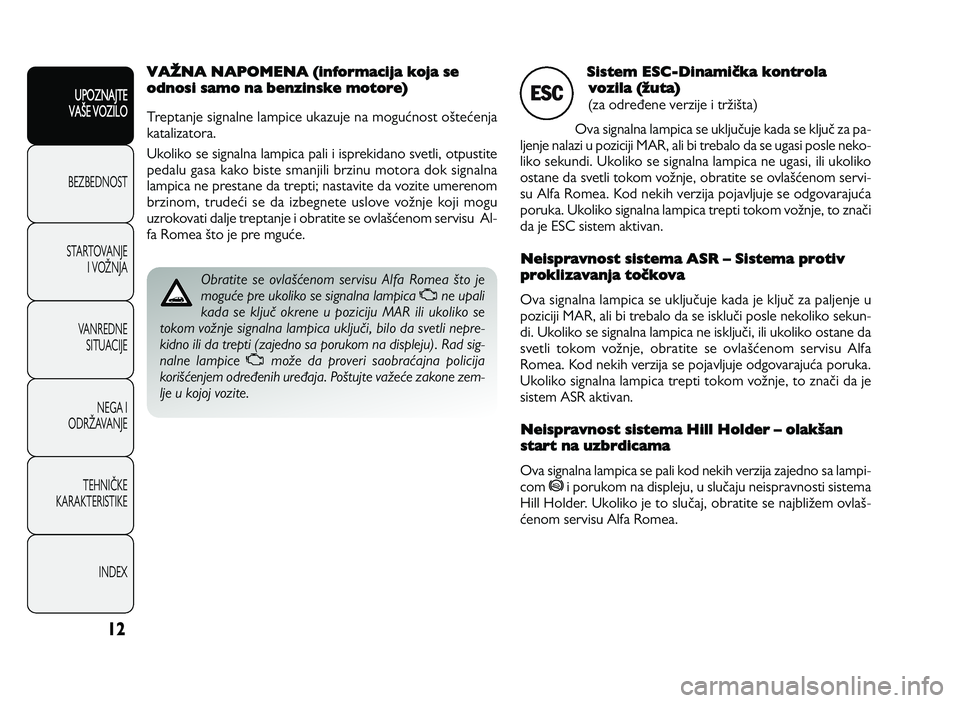 Alfa Romeo Giulietta 2013  Knjižica za upotrebu i održavanje (in Serbian) 1\f
UPOZNAJTE
VAXE VOZILO
BEZ BED N O ST
ST A RT O VA N JE
I   V O YN JA
V A N RED N E 
SIT U AC IJE
N EG A I
O DRY AVA N JE
T EH N I] KE
KA RA KTER IS T IK E
IN DEX
Sistem ESC-DinamiVka kontrola
vozi