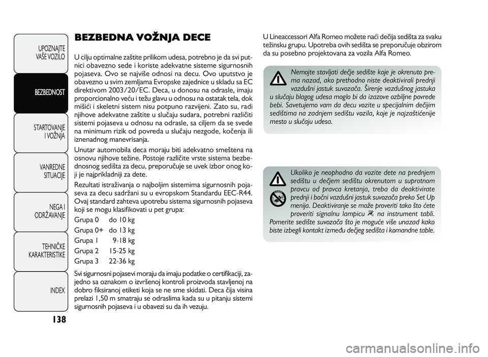Alfa Romeo Giulietta 2013 Knjižica za upotrebu i održavanje (in Serbian) \b38
U PO ZN AJT E
VA LE V O ZIL O
BEZBEDNOST
S T A RT O VA N JE
I V O MN JA
V A N RED N E
SIT U AC IJE
N EG A I
O DRM AVA N JE
T EH N IP KE
KA RA KTER IS T IK E
IN DEX
BEZBEDNA VOŽNJA DECE
U c Alfa Romeo Giulietta 2013 Knjižica za upotrebu i održavanje (in Serbian) \b38
U PO ZN AJT E
VA LE V O ZIL O
BEZBEDNOST
S T A RT O VA N JE
I V O MN JA
V A N RED N E
SIT U AC IJE
N EG A I
O DRM AVA N JE
T EH N IP KE
KA RA KTER IS T IK E
IN DEX
BEZBEDNA VOŽNJA DECE
U c