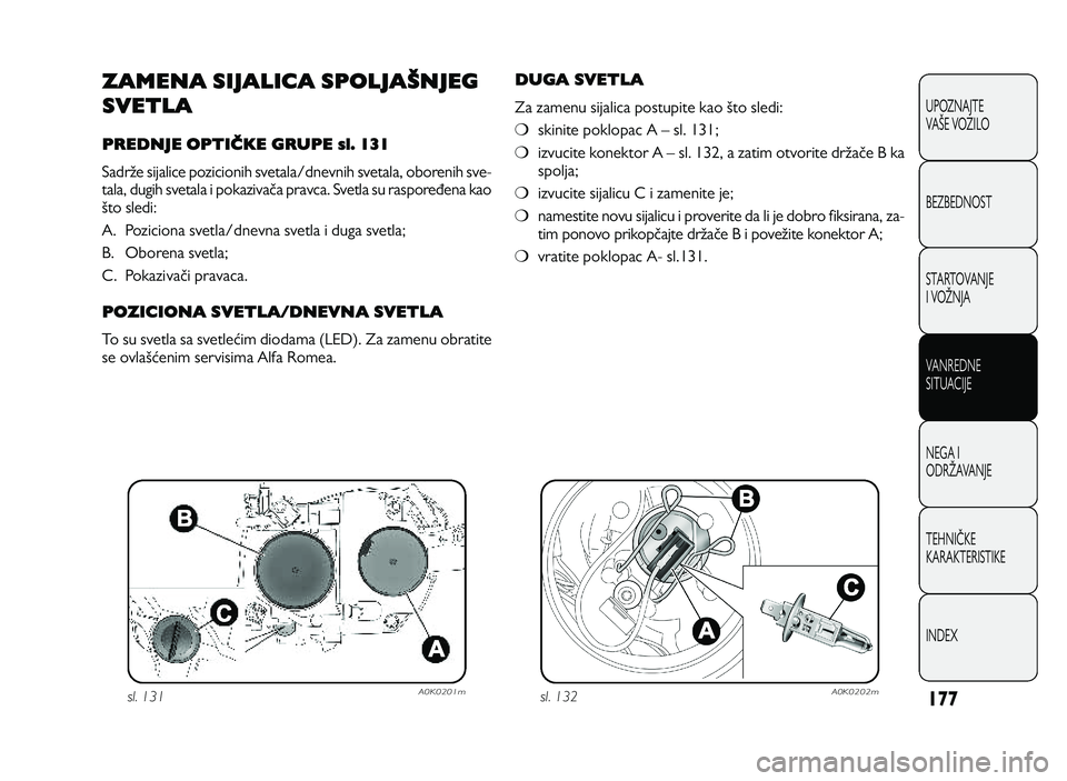 Alfa Romeo Giulietta 2013 Knjižica za upotrebu i održavanje (in Serbian) 17 7
U PO ZN AJT E
VA OE V O ZIL O
B EZ BED N O ST
ST A RT O VA N JE
I V O PN JA
V A N RED N E
SIT U AC IJE
N EG A I
O DRP AVA N JE
T EH N IS KE
KA RA KTER IS T IK E
IN DEX
ZAMENA SIJALICA SPOLJAŠ Alfa Romeo Giulietta 2013 Knjižica za upotrebu i održavanje (in Serbian) 17 7
U PO ZN AJT E
VA OE V O ZIL O
B EZ BED N O ST
ST A RT O VA N JE
I V O PN JA
V A N RED N E
SIT U AC IJE
N EG A I
O DRP AVA N JE
T EH N IS KE
KA RA KTER IS T IK E
IN DEX
ZAMENA SIJALICA SPOLJAŠ