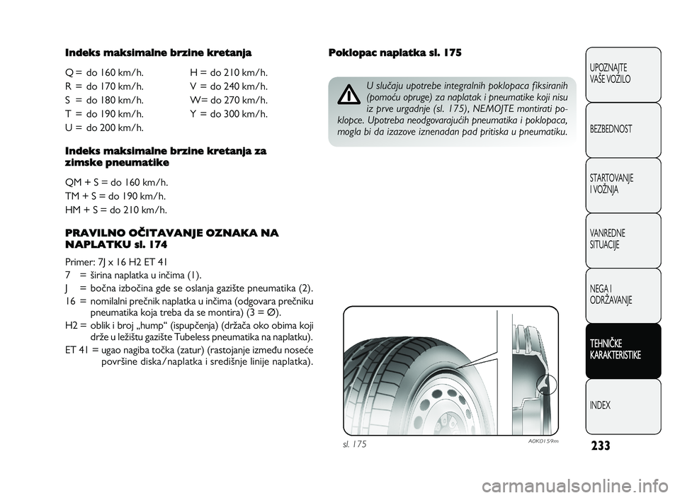 Alfa Romeo Giulietta 2013  Knjižica za upotrebu i održavanje (in Serbian) 233
UPOZNAJTE
VAPE VOZILO
BEZBEDNOST
STARTOVANJE
I VOQNJA
VANREDNE 
SITUACIJE
NEGA I
ODRQAVANJE
T EH N IT KE
K A RA KTER IS T IK E
INDEX
I n dek s m ak sim aln e b rz in e k re ta n ja
Q= do 16\f km/h