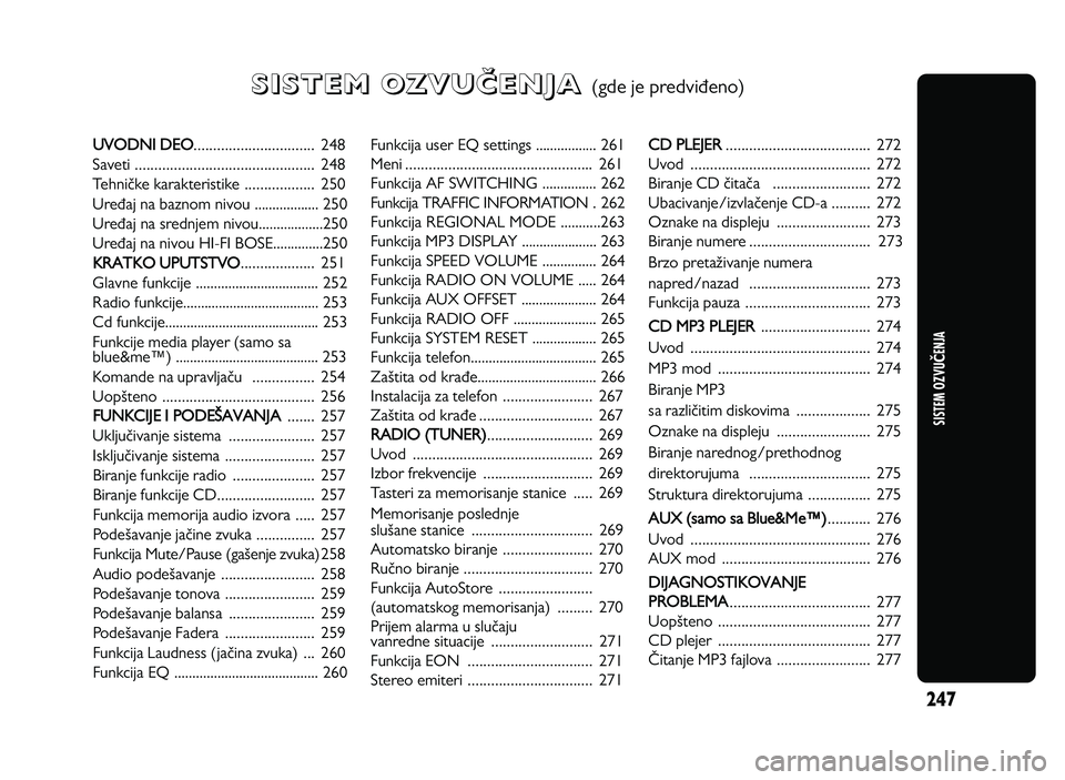 Alfa Romeo Giulietta 2011  Knjižica za upotrebu i održavanje (in Serbian) 2\f 7
SISTEM \bZ\fUČENJA
S SI IS ST TE EM MO OZ ZV VU UK KE EN NJ JA A   (g d e je  p re d vi] en o )
Fu nkcija  u se r E Q  s e ttin gs .................   2 61
M en i...............................