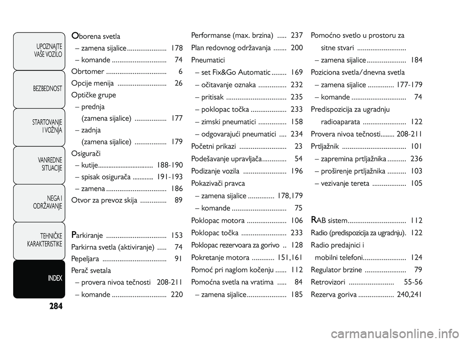 Alfa Romeo Giulietta 2013  Knjižica za upotrebu i održavanje (in Serbian) 284
UPOZNAJTE
VAKE VOZILO
BEZBEDNOST
STARTOVANJE I VOLNJA
VANREDNE  SITUACIJE
NEGA I
ODRLAVANJE
TEHNIOKE
KARAKTERISTIKE
IN DEX
Oborena svetla 
H zamena sijalice \b\b\b\b\b\b\b\b\b\b\b\b\b\b\b\b\b\b\b\