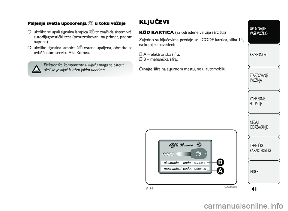 Alfa Romeo Giulietta 2012  Knjižica za upotrebu i održavanje (in Serbian) 41
UPOZNAJTE
VAXE VOZILO
BEZ BED N O ST
ST A RT O VA N JE
I  V O YN JA
V A N RED N E 
SIT U AC IJE
N EG A I
O DRY AVA N JE
T EH N I] KE
KA RA KTER IS T IK E
IN DEX
Paljenje svetla upozorenja Yu toku v