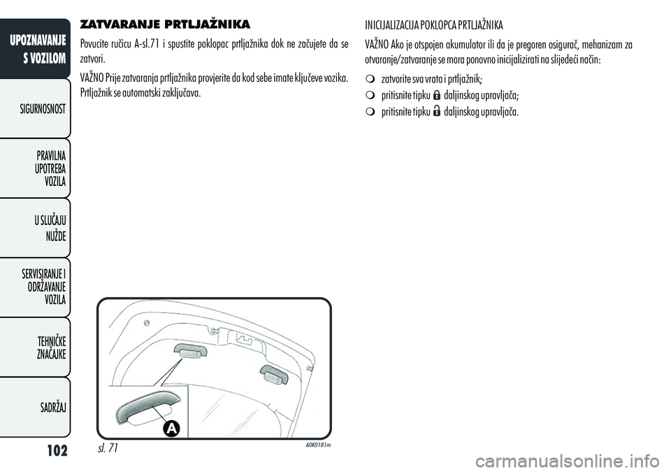 Alfa Romeo Giulietta 2012 Knjižica s uputama za uporabu i održavanje (in Croatian) ZATVARANJE PRTLJAŽNIKA
Povucite ručicu A-sl.71 i spustite poklopac prtljažnika dok ne začujete da se
zatvori.
VAŽNO Prije zatvaranja prtljažnika provjerite da kod sebe imate ključeve v Alfa Romeo Giulietta 2012 Knjižica s uputama za uporabu i održavanje (in Croatian) ZATVARANJE PRTLJAŽNIKA
Povucite ručicu A-sl.71 i spustite poklopac prtljažnika dok ne začujete da se
zatvori.
VAŽNO Prije zatvaranja prtljažnika provjerite da kod sebe imate ključeve v