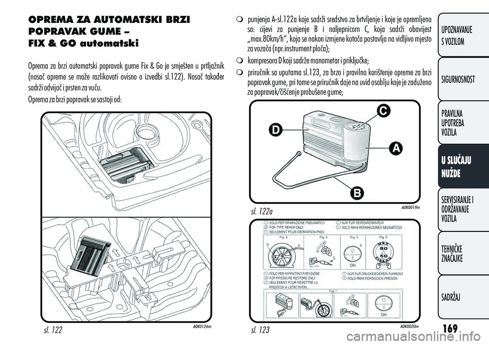 Alfa Romeo Giulietta 2012 Knjižica s uputama za uporabu i održavanje (in Croatian) OPREMA ZA AUTOMATSKI BRZI
POPRAVAK GUME –
FIX & GO automatski
Oprema za brzi automatski popravak gume Fix & Go je smješten u prtljažnik
(nosač opreme se može razlikovati ovisno o izved Alfa Romeo Giulietta 2012 Knjižica s uputama za uporabu i održavanje (in Croatian) OPREMA ZA AUTOMATSKI BRZI
POPRAVAK GUME –
FIX & GO automatski
Oprema za brzi automatski popravak gume Fix & Go je smješten u prtljažnik
(nosač opreme se može razlikovati ovisno o izved
