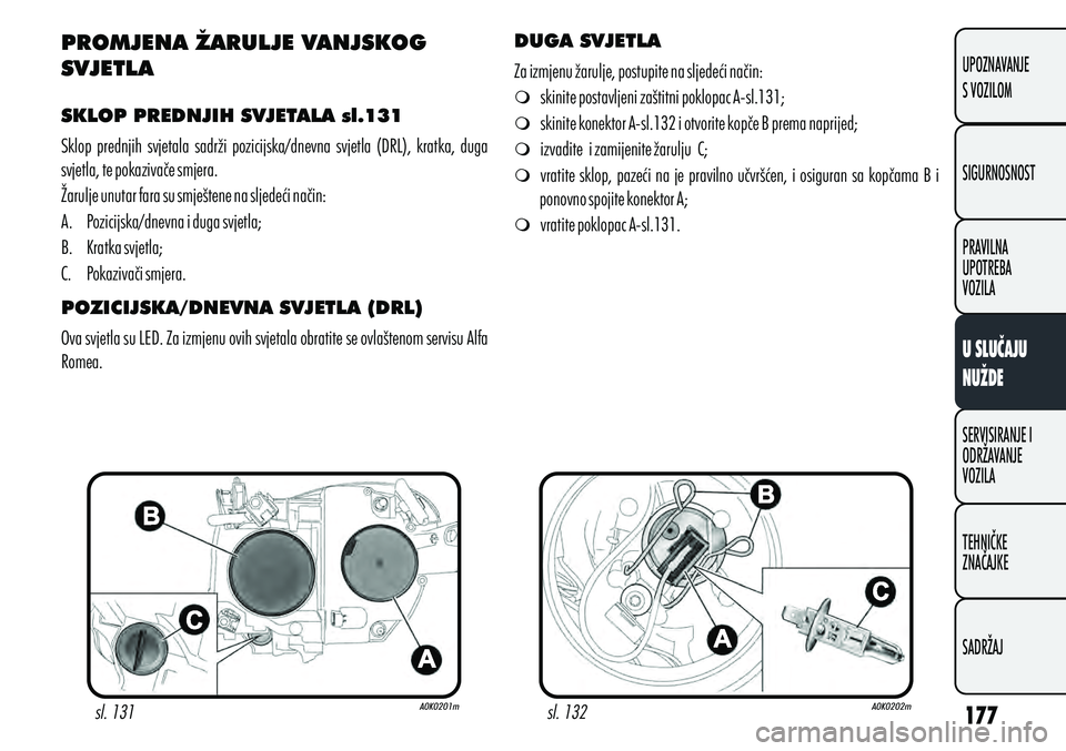 Alfa Romeo Giulietta 2012 Knjižica s uputama za uporabu i održavanje (in Croatian) PROMJENA ŽARULJE VANJSKOG
SVJETLA
SKLOP PREDNJIH SVJETALA sl.131
POZICIJSKA/DNEVNA SVJETLA (DRL) Sklop prednjih svjetala sadrži pozicijska/dnevna svjetla (DRL), kratka, duga
svjetla, te po Alfa Romeo Giulietta 2012 Knjižica s uputama za uporabu i održavanje (in Croatian) PROMJENA ŽARULJE VANJSKOG
SVJETLA
SKLOP PREDNJIH SVJETALA sl.131
POZICIJSKA/DNEVNA SVJETLA (DRL) Sklop prednjih svjetala sadrži pozicijska/dnevna svjetla (DRL), kratka, duga
svjetla, te po