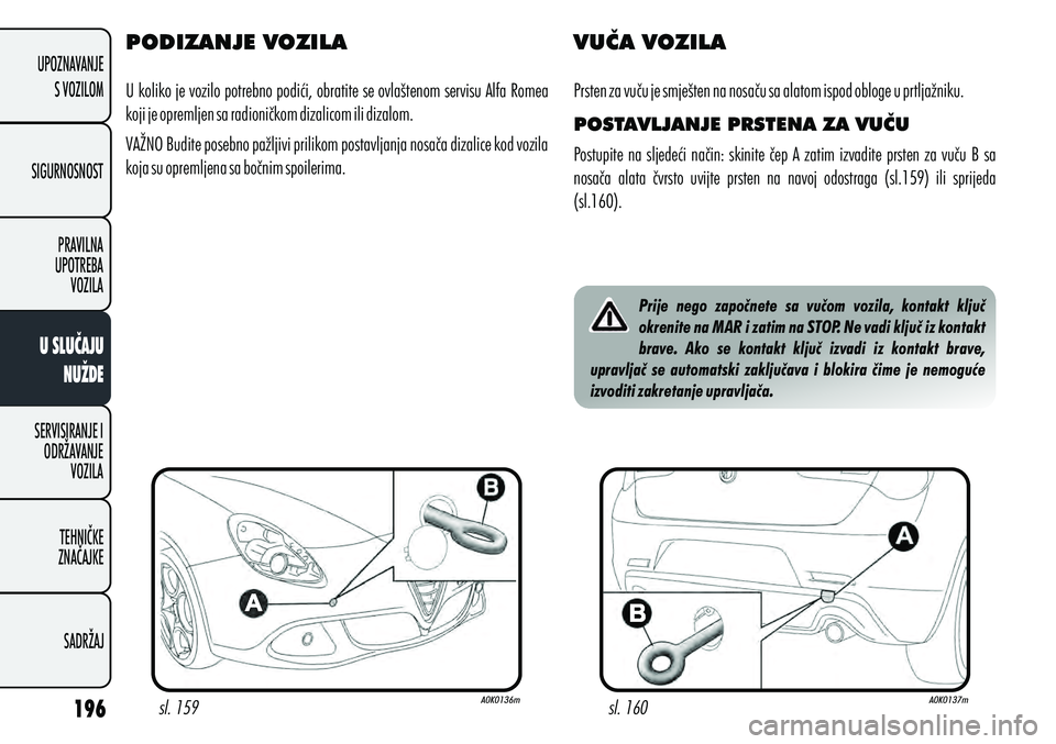 Alfa Romeo Giulietta 2012  Knjižica s uputama za uporabu i održavanje (in Croatian) PODIZANJE VOZILA
U koliko je vozilo potrebno podići, obratite se ovlaštenom servisu Alfa Romea 
koji je opremljen sa radioničkom dizalicom ili dizalom.
VAŽNO Budite posebno pažljivi prilikom post