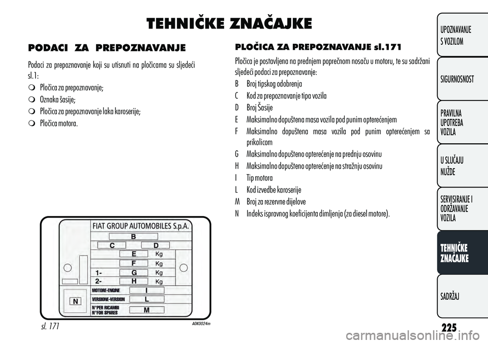 Alfa Romeo Giulietta 2012 Knjižica s uputama za uporabu i održavanje (in Croatian) TEHNIČKE ZNAČAJKE
PODACI ZA PREPOZNAVANJE
m Pločica za prepoznavanje;
m Oznaka šasije;
m Pločica za prepoznavanje laka karoserije;
m Pločica motora.
Podaci za prepoznavanje koji su utisnuti n Alfa Romeo Giulietta 2012 Knjižica s uputama za uporabu i održavanje (in Croatian) TEHNIČKE ZNAČAJKE
PODACI ZA PREPOZNAVANJE
m Pločica za prepoznavanje;
m Oznaka šasije;
m Pločica za prepoznavanje laka karoserije;
m Pločica motora.
Podaci za prepoznavanje koji su utisnuti n