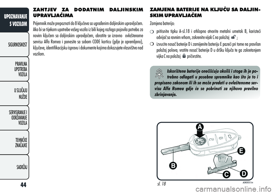 Alfa Romeo Giulietta 2012  Knjižica s uputama za uporabu i održavanje (in Croatian) ZAHTJEV  ZA  DODATNIM  DALJINSKIM 
UPRAVLJAČIMA
Prijemnik može prepoznati do 8 ključeva sa ugrađenim daljinskim upravljačem. 
Ako bi se tijekom upotrebe vašeg vozila iz bili kojeg razloga pojavi