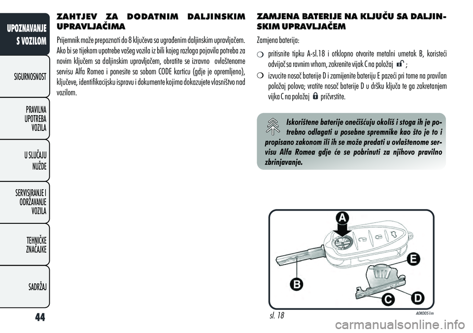 Alfa Romeo Giulietta 2010  Knjižica s uputama za uporabu i održavanje (in Croatian) ZAHTJEV  ZA  DODATNIM  DALJINSKIM 
UPRAVLJAČIMA
Prijemnik može prepoznati do 8 ključeva sa ugrađenim daljinskim upravljačem. 
Ako bi se tijekom upotrebe vašeg vozila iz bili kojeg razloga pojavi