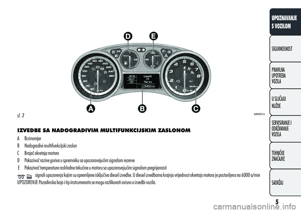 Alfa Romeo Giulietta 2011 Knjižica s uputama za uporabu i održavanje (in Croatian) IZVEDBE SA NADOGRADIVIM MULTIFUNKCIJSKIM ZASLONOM
A Brzinomjer
B Nadogradivi multifunkcijski zaslon
C Brojač okretaja motora
D Pokazivač razine goriva u spremniku sa upozoravajućim signalom rez Alfa Romeo Giulietta 2011 Knjižica s uputama za uporabu i održavanje (in Croatian) IZVEDBE SA NADOGRADIVIM MULTIFUNKCIJSKIM ZASLONOM
A Brzinomjer
B Nadogradivi multifunkcijski zaslon
C Brojač okretaja motora
D Pokazivač razine goriva u spremniku sa upozoravajućim signalom rez