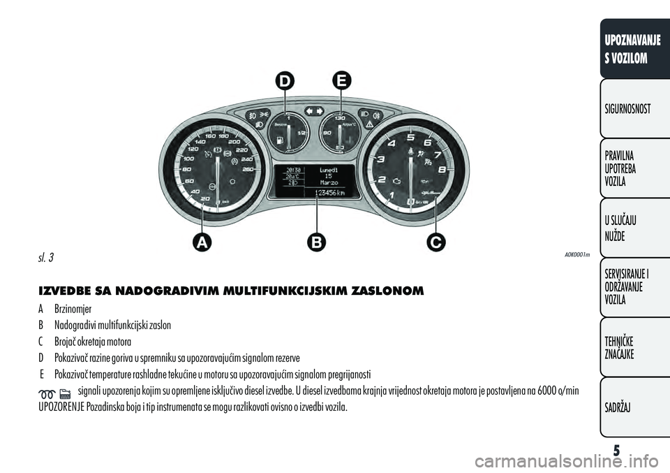 Alfa Romeo Giulietta 2011  Knjižica s uputama za uporabu i održavanje (in Croatian) IZVEDBE SA NADOGRADIVIM MULTIFUNKCIJSKIM ZASLONOM
A  Brzinomjer
B  Nadogradivi multifunkcijski zaslon
C  Brojač okretaja motora
D  Pokazivač razine goriva u spremniku sa upozoravajućim signalom rez