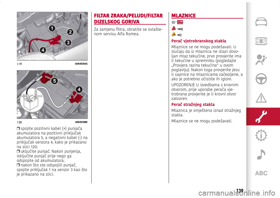 Alfa Romeo Giulietta 2021 Knjižica s uputama za uporabu i održavanje (in Croatian) 119A0K0530AC
120A0K0530BC
❒ spojite pozitivni kabel (+) punjača
akumulatora na pozitivni priključak
akumulatora 5, a negativni kabel (-) na
priključak senzora 4, kako je prikazano
na slici Alfa Romeo Giulietta 2021 Knjižica s uputama za uporabu i održavanje (in Croatian) 119A0K0530AC
120A0K0530BC
❒ spojite pozitivni kabel (+) punjača
akumulatora na pozitivni priključak
akumulatora 5, a negativni kabel (-) na
priključak senzora 4, kako je prikazano
na slici