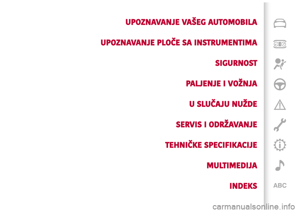 Alfa Romeo Giulietta 2021  Knjižica s uputama za uporabu i održavanje (in Croatian) UPOZNAVANJE VAŠEG AUTOMOBILA
UPOZNAVANJE PLOČE SA INSTRUMENTIMA
SIGURNOST
PALJENJE I VOŽNJA
U SLUČAJU NUŽDE
SERVIS I ODRŽAVANJE
TEHNIČKE SPECIFIKACIJE
MULTIMEDIJA
INDEKS 