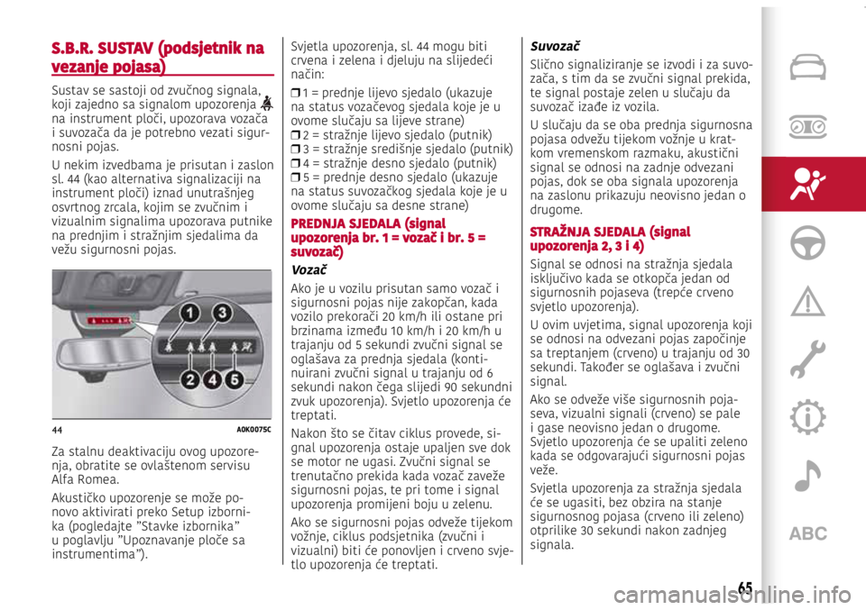Alfa Romeo Giulietta 2021 Knjižica s uputama za uporabu i održavanje (in Croatian) 44A0K0075C
S.B.R. SUSTAV (podsjetnik na
vezanje pojasa)
Sustav se sastoji od zvučnog signala,
koji zajedno sa signalom upozorenja
na instrument ploči, upozorava vozača
i suvozača da je potreb Alfa Romeo Giulietta 2021 Knjižica s uputama za uporabu i održavanje (in Croatian) 44A0K0075C
S.B.R. SUSTAV (podsjetnik na
vezanje pojasa)
Sustav se sastoji od zvučnog signala,
koji zajedno sa signalom upozorenja
na instrument ploči, upozorava vozača
i suvozača da je potreb