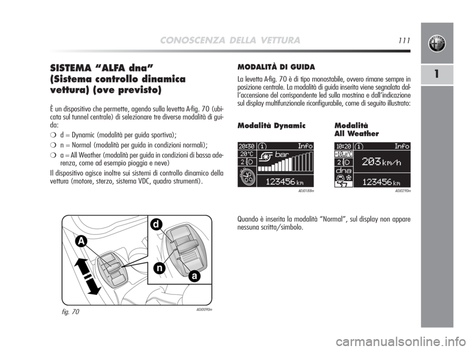 Alfa Romeo MiTo 2008  Libretto Uso Manutenzione (in Italian) CONOSCENZA DELLA VETTURA111
1SISTEMA “ALFA dna”
(Sistema controllo dinamica
vettura) (ove previsto)
È un dispositivo che permette, agendo sulla levetta A-fig. 70 (ubi-
cata sul tunnel centrale) d