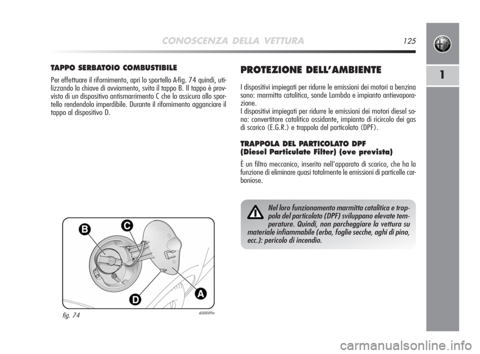 Alfa Romeo MiTo 2008 Libretto Uso Manutenzione (in Italian) CONOSCENZA DELLA VETTURA125
1
fig. 74A0J0089m
TAPPO SERBATOIO COMBUSTIBILE
Per effettuare il rifornimento, apri lo sportello A-fig. 74 quindi, uti-
lizzando la chiave di avviamento, svita il tappo B. Alfa Romeo MiTo 2008 Libretto Uso Manutenzione (in Italian) CONOSCENZA DELLA VETTURA125
1
fig. 74A0J0089m
TAPPO SERBATOIO COMBUSTIBILE
Per effettuare il rifornimento, apri lo sportello A-fig. 74 quindi, uti-
lizzando la chiave di avviamento, svita il tappo B.