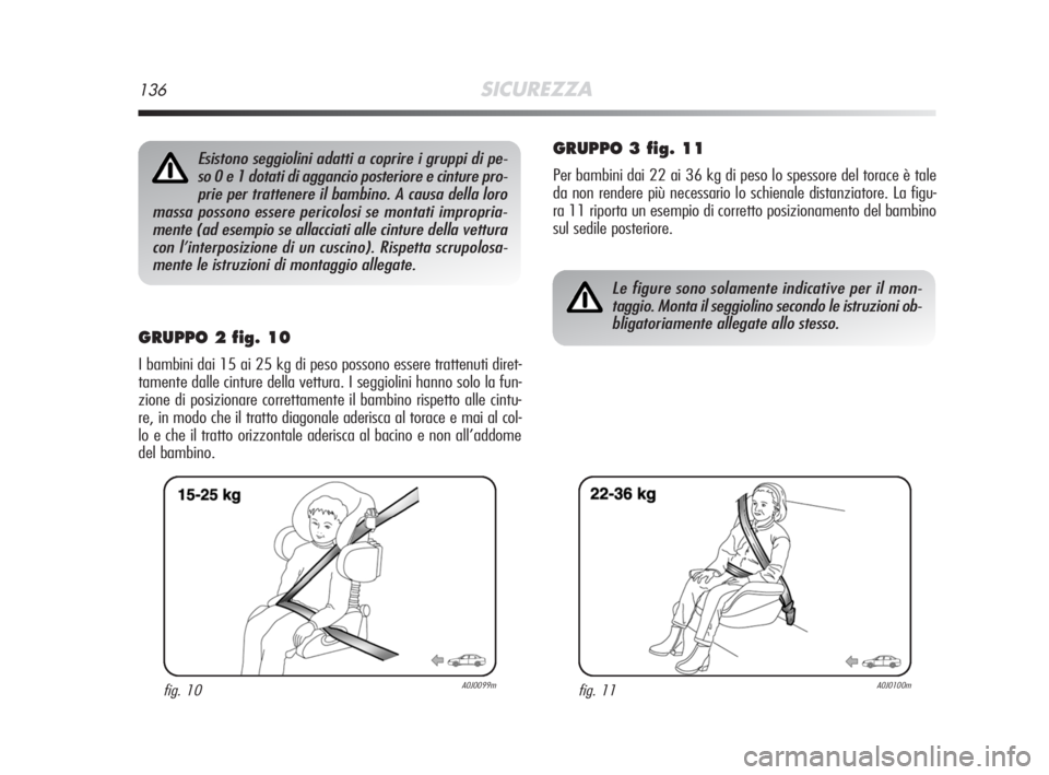 Alfa Romeo MiTo 2008 Libretto Uso Manutenzione (in Italian) 136SICUREZZA
GRUPPO 2 fig. 10
I bambini dai 15 ai 25 kg di peso possono essere trattenuti diret-
tamente dalle cinture della vettura. I seggiolini hanno solo la fun-
zione di posizionare correttamente Alfa Romeo MiTo 2008 Libretto Uso Manutenzione (in Italian) 136SICUREZZA
GRUPPO 2 fig. 10
I bambini dai 15 ai 25 kg di peso possono essere trattenuti diret-
tamente dalle cinture della vettura. I seggiolini hanno solo la fun-
zione di posizionare correttamente
