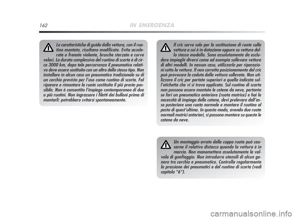 Alfa Romeo MiTo 2008 Libretto Uso Manutenzione (in Italian) 162IN EMERGENZA
Il cric serve solo per la sostituzione di ruote sulla
vettura a cui è in dotazione oppure su vetture del-
lo stesso modello. Sono assolutamente da esclu-
dere impieghi diversi come ad Alfa Romeo MiTo 2008 Libretto Uso Manutenzione (in Italian) 162IN EMERGENZA
Il cric serve solo per la sostituzione di ruote sulla
vettura a cui è in dotazione oppure su vetture del-
lo stesso modello. Sono assolutamente da esclu-
dere impieghi diversi come ad