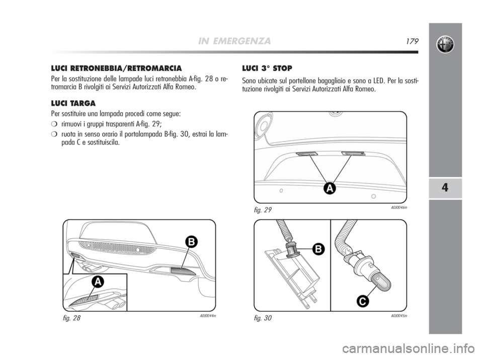 Alfa Romeo MiTo 2008 Libretto Uso Manutenzione (in Italian) IN EMERGENZA179
4
LUCI RETRONEBBIA/RETROMARCIA
Per la sostituzione delle lampade luci retronebbia A-fig. 28 o re-
tromarcia B rivolgiti ai Servizi Autorizzati Alfa Romeo.
LUCI TARGA
Per sostituire una Alfa Romeo MiTo 2008 Libretto Uso Manutenzione (in Italian) IN EMERGENZA179
4
LUCI RETRONEBBIA/RETROMARCIA
Per la sostituzione delle lampade luci retronebbia A-fig. 28 o re-
tromarcia B rivolgiti ai Servizi Autorizzati Alfa Romeo.
LUCI TARGA
Per sostituire una