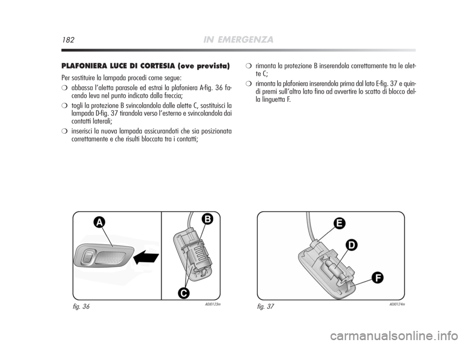 Alfa Romeo MiTo 2008  Libretto Uso Manutenzione (in Italian) 182IN EMERGENZA
PLAFONIERA LUCE DI CORTESIA (ove prevista)
Per sostituire la lampada procedi come segue:
❍abbassa l’aletta parasole ed estrai la plafoniera A-fig. 36 fa-
cendo leva nel punto indic