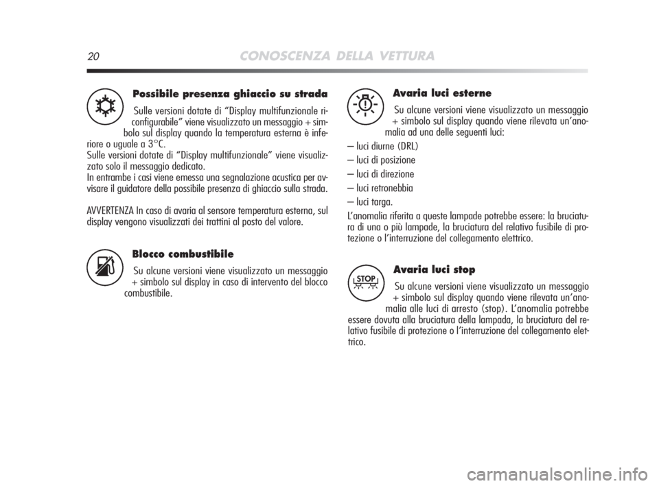 Alfa Romeo MiTo 2008  Libretto Uso Manutenzione (in Italian) 20CONOSCENZA DELLA VETTURA
Possibile presenza ghiaccio su strada
Sulle versioni dotate di “Display multifunzionale ri-
configurabile” viene visualizzato un messaggio + sim-
bolo sul display quando