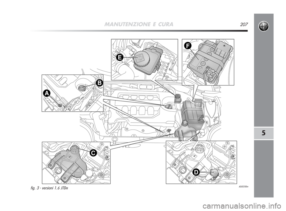 Alfa Romeo MiTo 2008  Libretto Uso Manutenzione (in Italian) MANUTENZIONE E CURA207
5
A0J0200mfig. 3 - versioni 1.6 JTDM
197-220 Alfa MiTo  11-06-2008  9:45  Pagina 207 