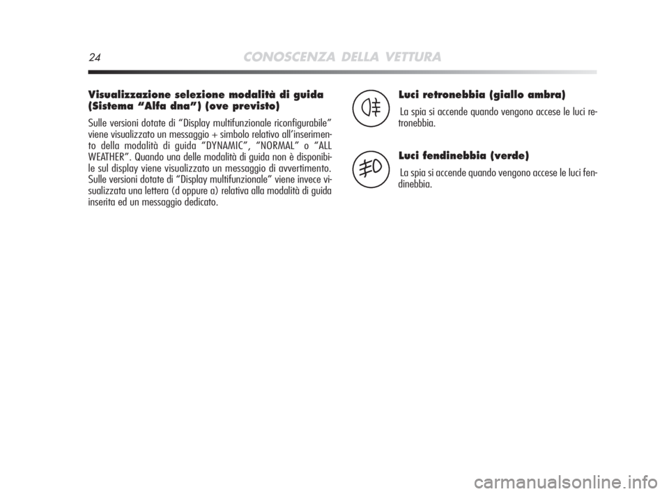 Alfa Romeo MiTo 2008  Libretto Uso Manutenzione (in Italian) 24CONOSCENZA DELLA VETTURA
Visualizzazione selezione modalità di guida
(Sistema “Alfa dna”) (ove previsto)
Sulle versioni dotate di “Display multifunzionale riconfigurabile”
viene visualizzat