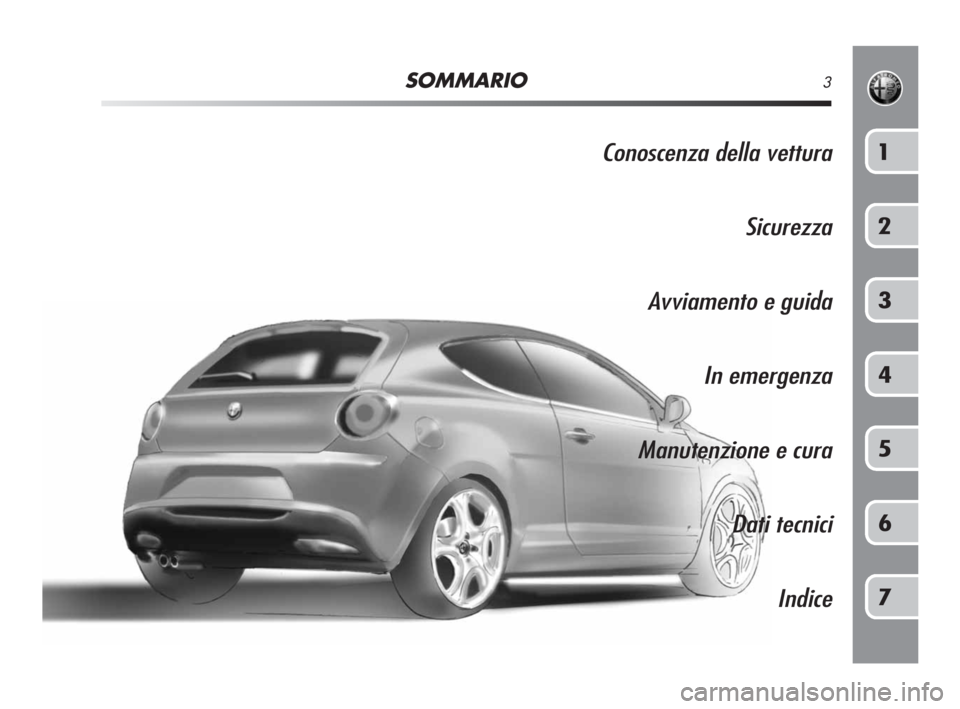 Alfa Romeo MiTo 2008  Libretto Uso Manutenzione (in Italian) SOMMARIO3
Conoscenza della vettura
Sicurezza
Avviamento e guida
In emergenza
Manutenzione e cura
Dati tecnici
Indice1
2
3
4
5
6
7
001-126 Alfa MiTo  11-06-2008  9:40  Pagina 3 