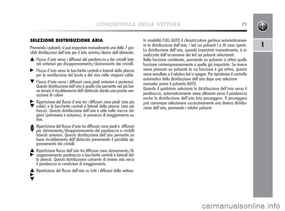 Alfa Romeo MiTo 2008  Libretto Uso Manutenzione (in Italian) CONOSCENZA DELLA VETTURA71
1
In modalità FULL AUTO il climatizzatore gestisce automaticamen-
te la distribuzione dell’aria; i led sui pulsanti I e M sono spenti.
La distribuzione dell’aria, quand