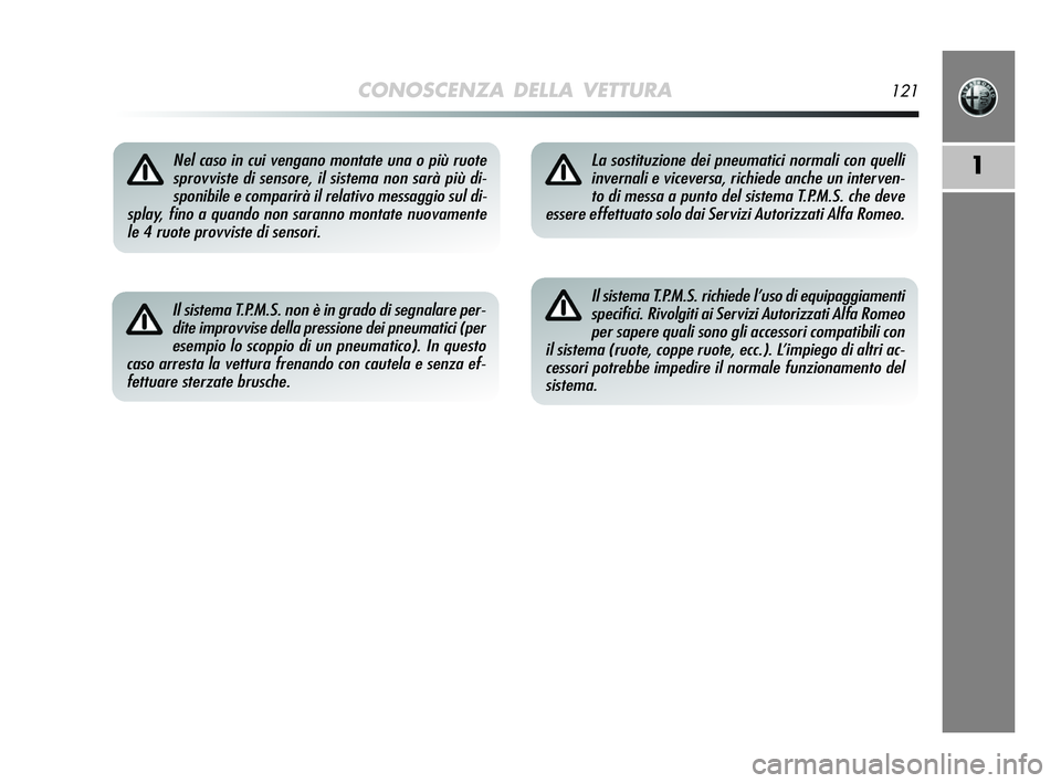 Alfa Romeo MiTo 2009 Libretto Uso Manutenzione (in Italian) CONOSCENZA DELLA VETTURA121
1Nel caso in cui vengano montate una o più ruote
sprovviste di sensore, il sistema non sarà più di-
sponibile e comparirà il relativo messaggio sul di-
splay, fino a qu Alfa Romeo MiTo 2009 Libretto Uso Manutenzione (in Italian) CONOSCENZA DELLA VETTURA121
1Nel caso in cui vengano montate una o più ruote
sprovviste di sensore, il sistema non sarà più di-
sponibile e comparirà il relativo messaggio sul di-
splay, fino a qu